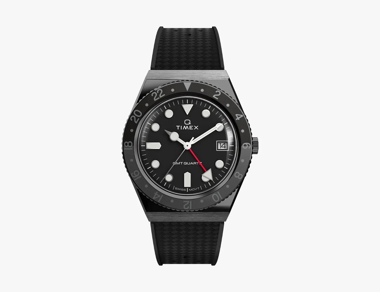 q timex gmt 38mm synthetic rubber strap watch