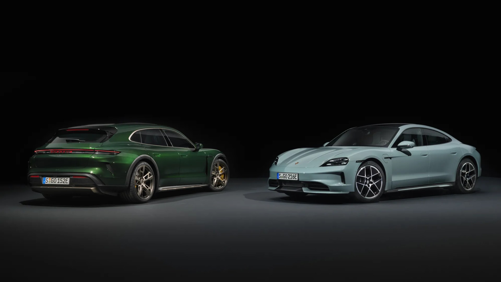 the rear angle of a green 2025 porsche taycan cross turismo and the front angle of a blue 2025 porsche taycan sedan