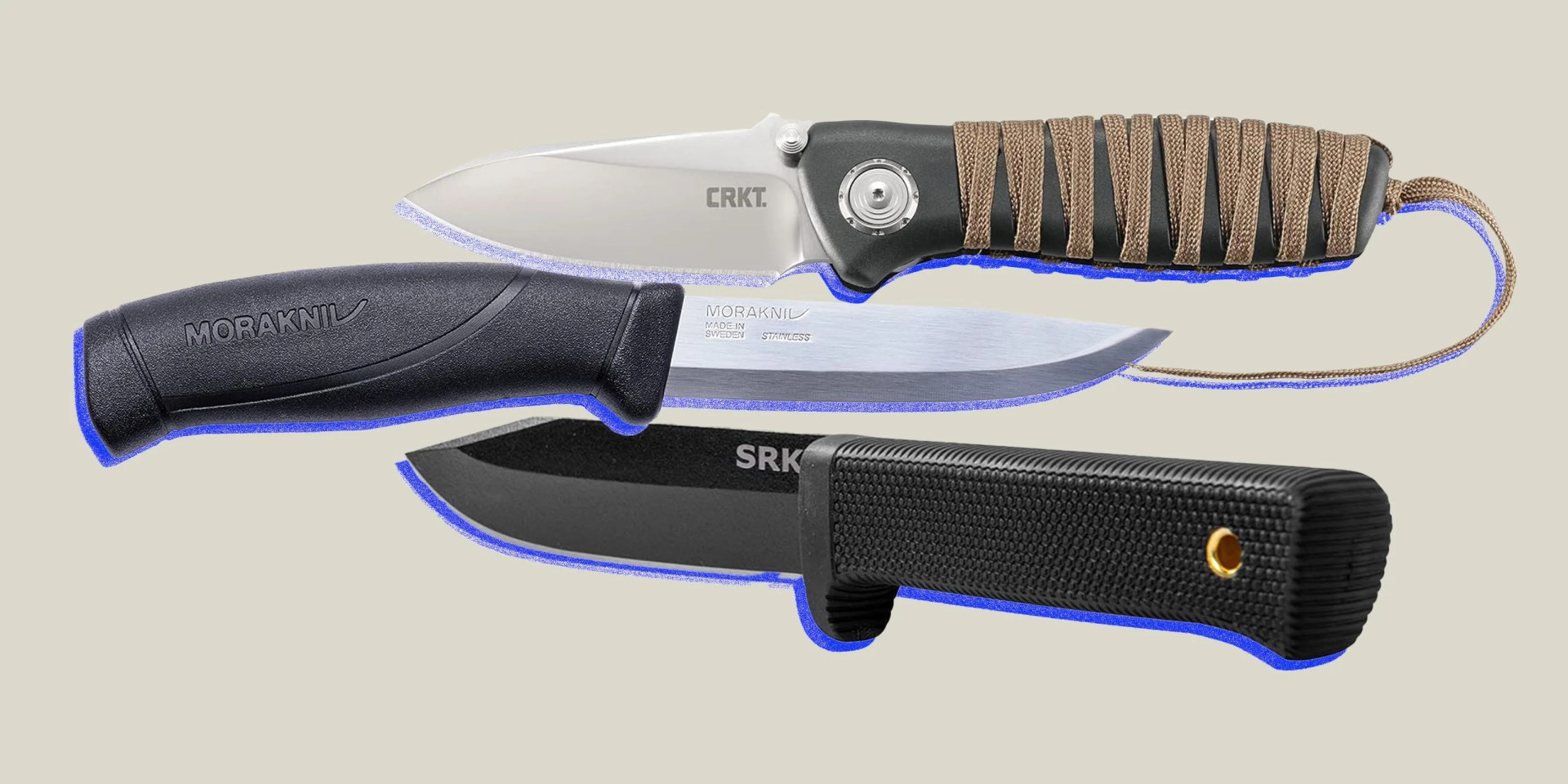 collage of three bushcraft knives