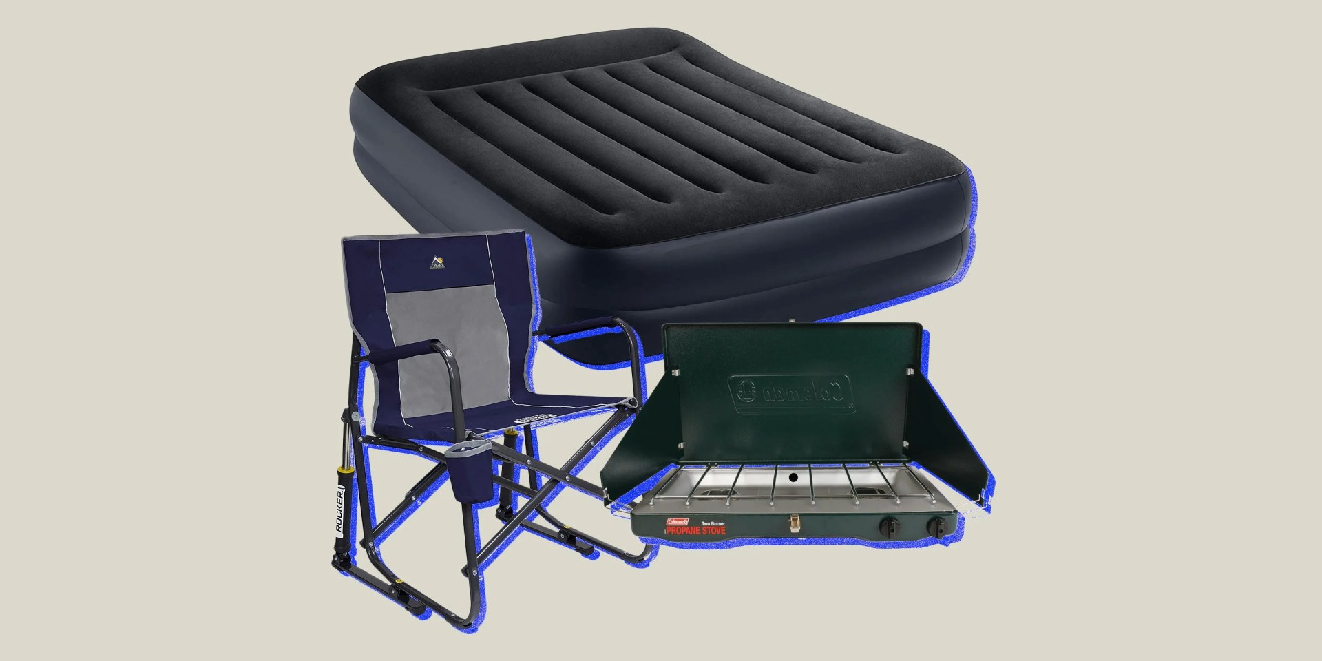 collage of a camping chair, an air mattress, and a coleman stove