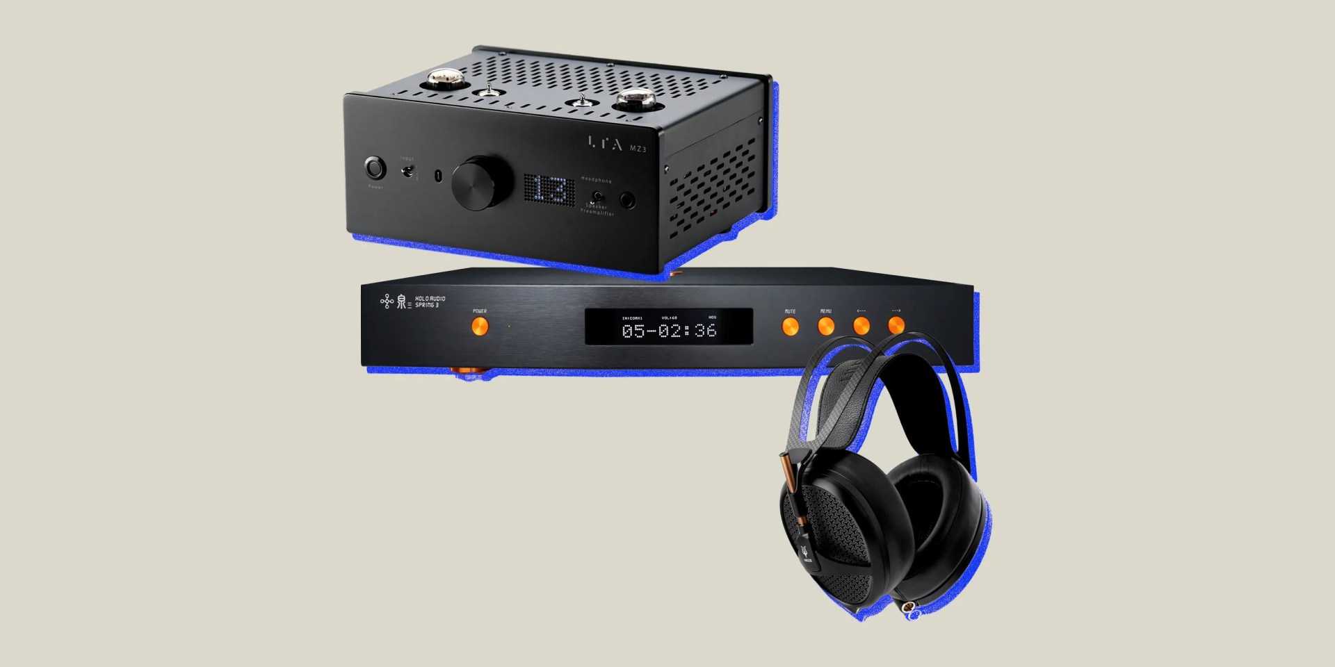 collage of an amp, headphones, and a dac