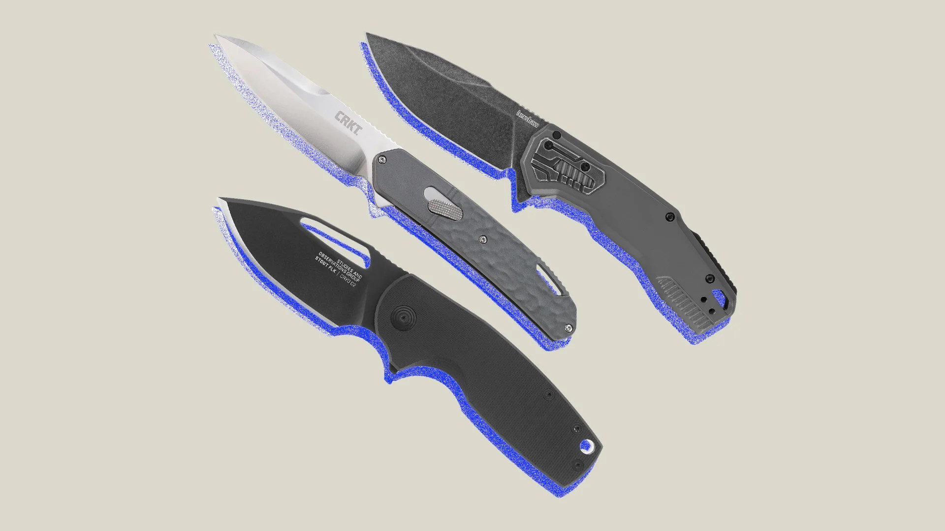 collage of a black sog knife, a gray crkt knife, and a gray kershaw knife with a purple outline on a beige background