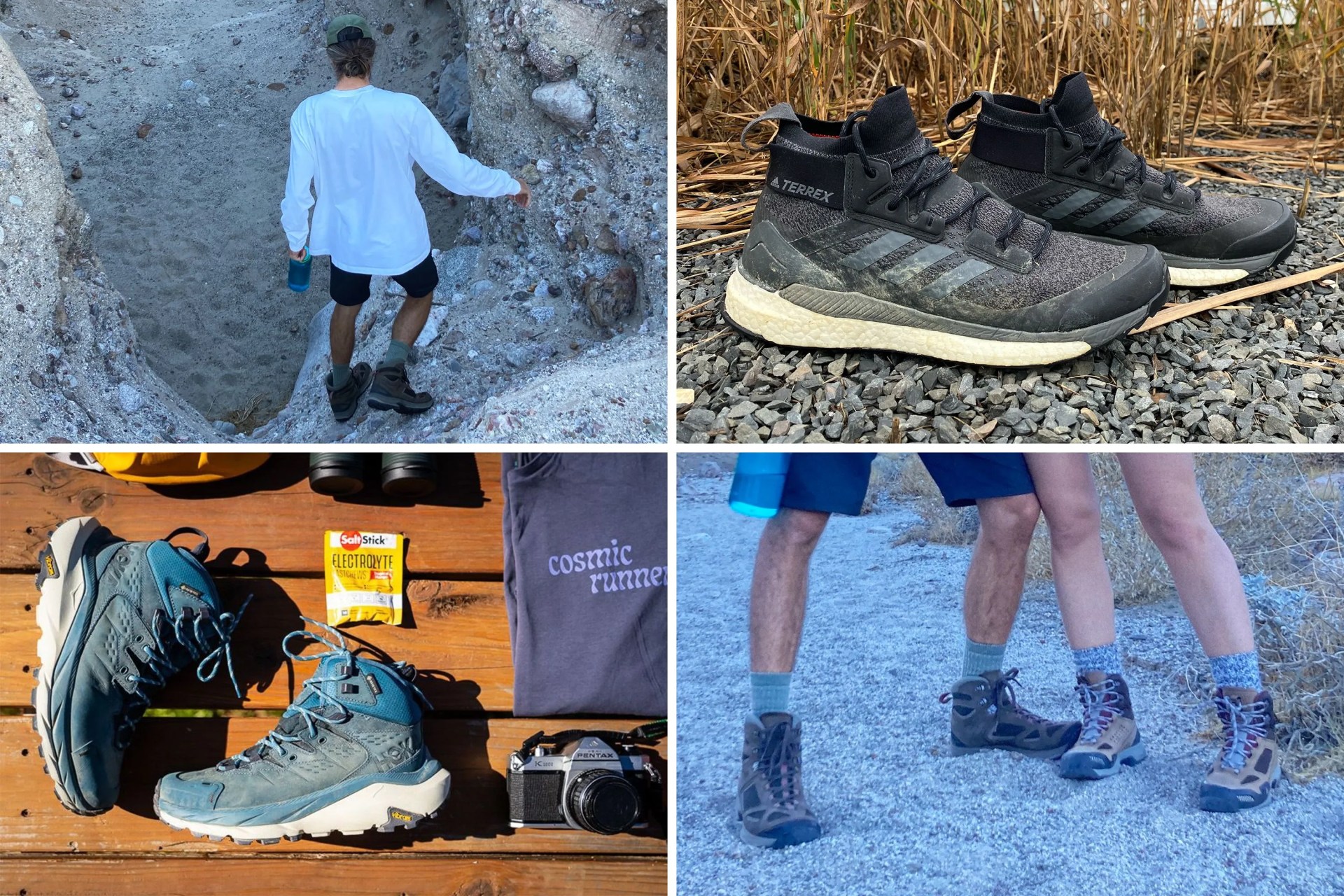 collage of hiking boots and people hiking