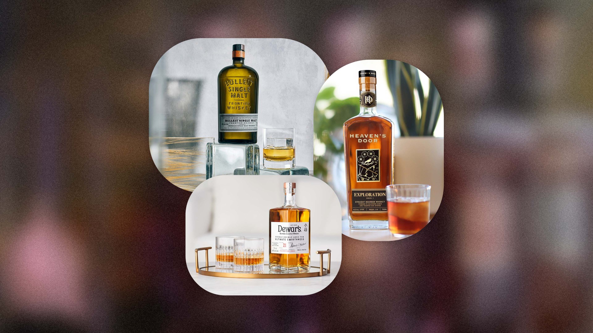 collage of a bottle of bulleit whiskey next to a glass, a bottle of heaven's door whiskey next to a glass, and a bottle of dewars whiskey next to two glasses