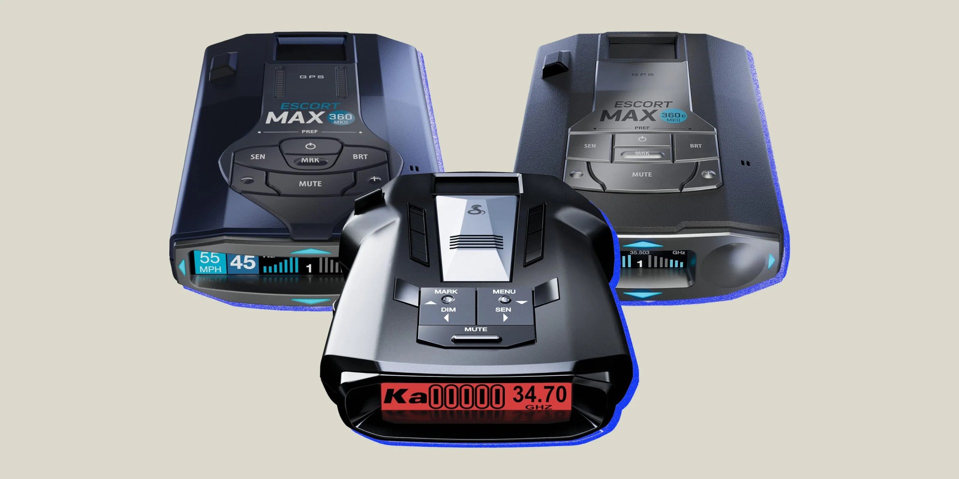 a group of three radar detectors