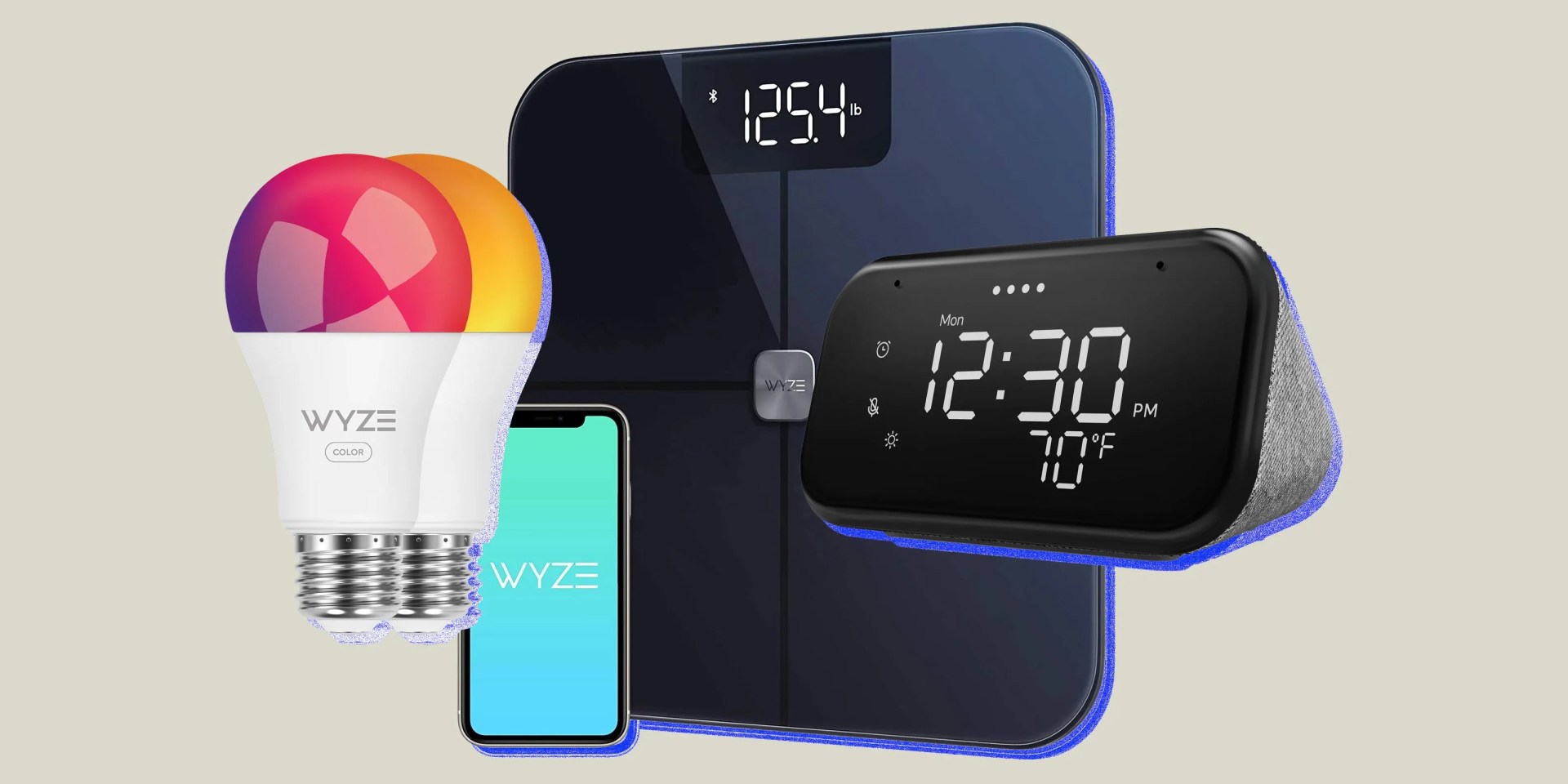 collage of colored lightbulbs, a smart alarm clock, and a smart scale with an iphone