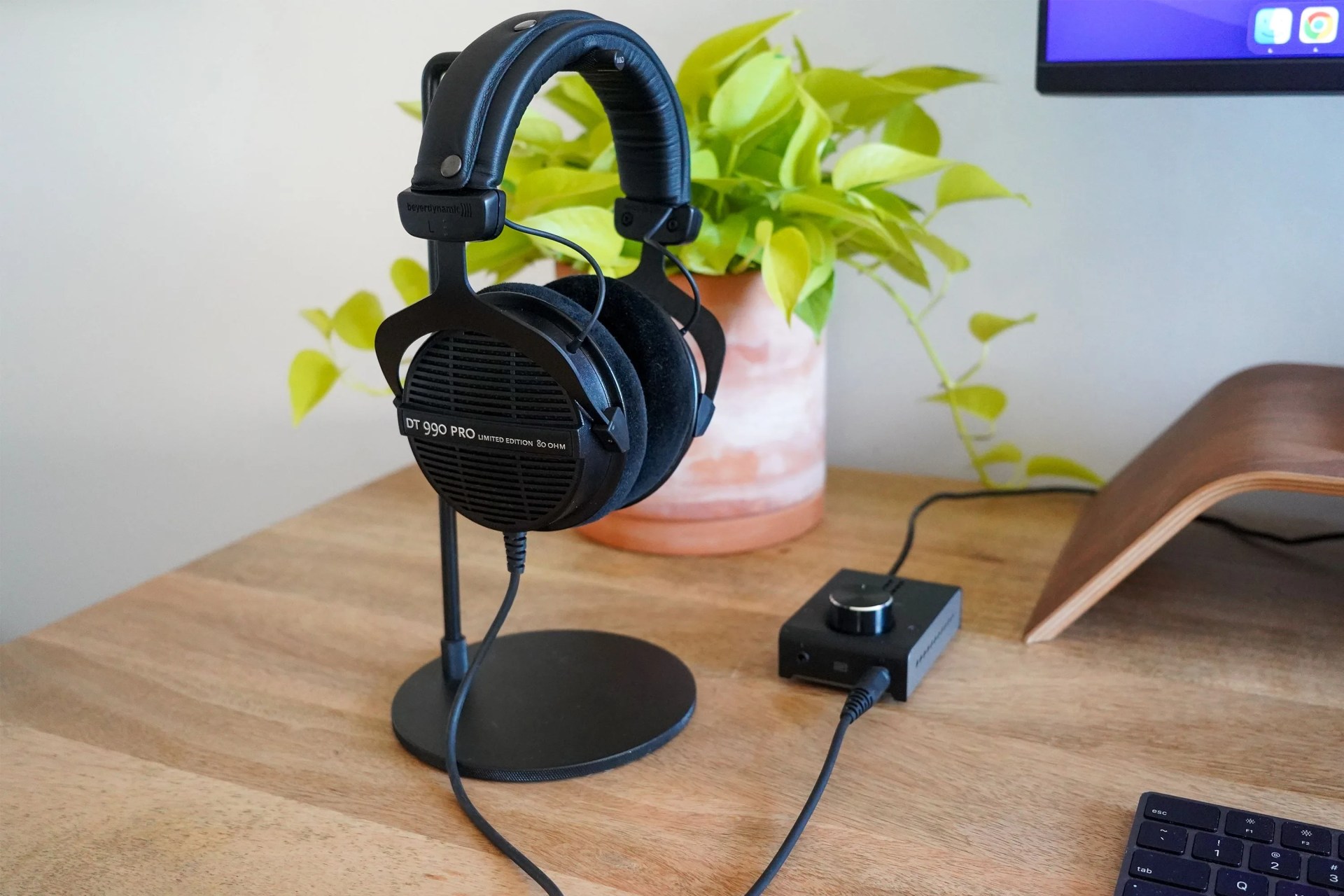 wired headphones on a desk