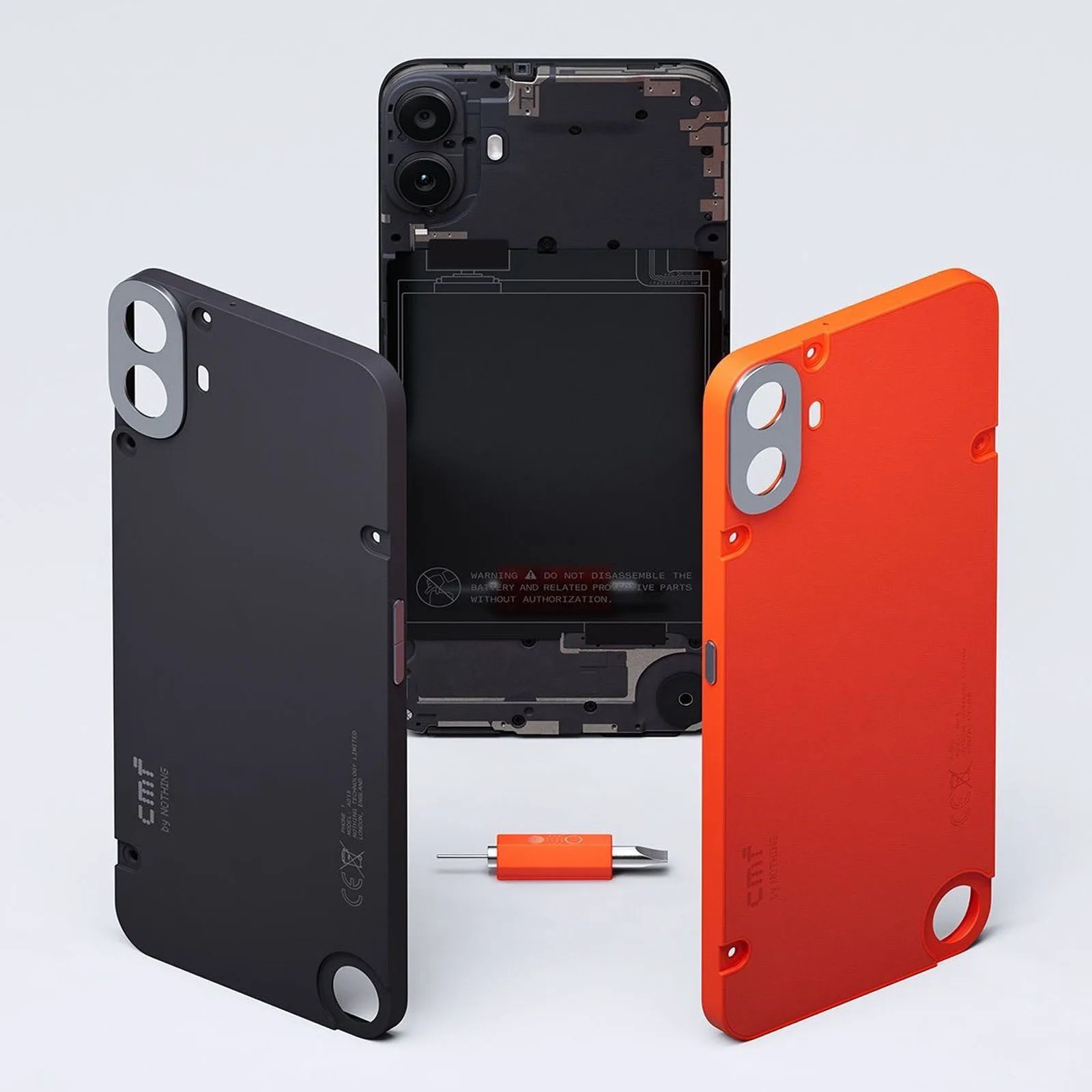 CMF Phone 1 shown with back plate removed next to black and red swappable back plate covers