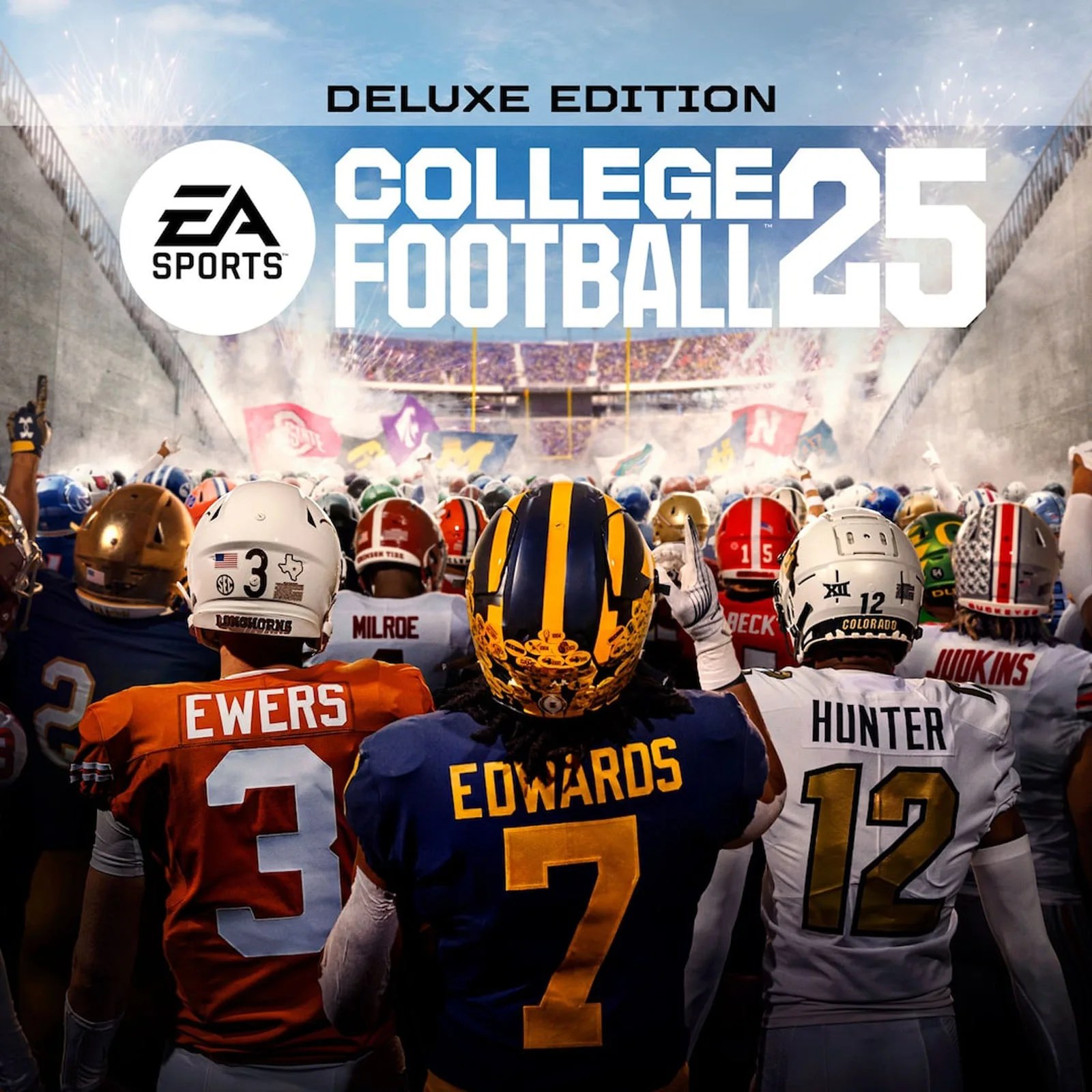 Cover image of College Football 25 game showing various football players in various team uniforms walking together out of a stadium