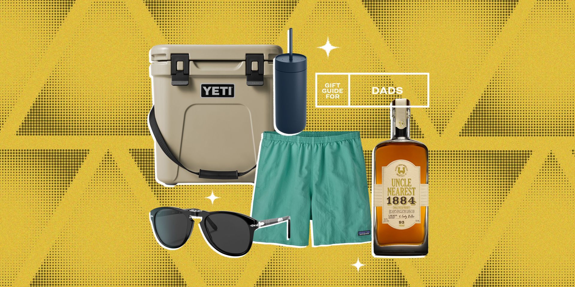 collage of a cooler, a tumbler, sunglasses, swim trunks, and a bottle of whiskey