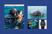 collage of dive watches on a blue grid background