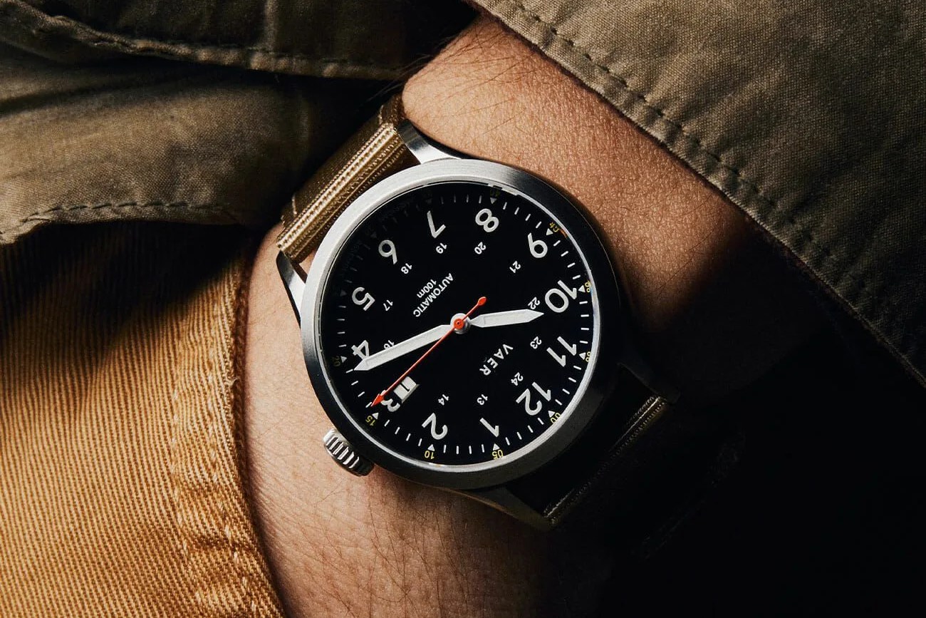 vaer field watch on wrist