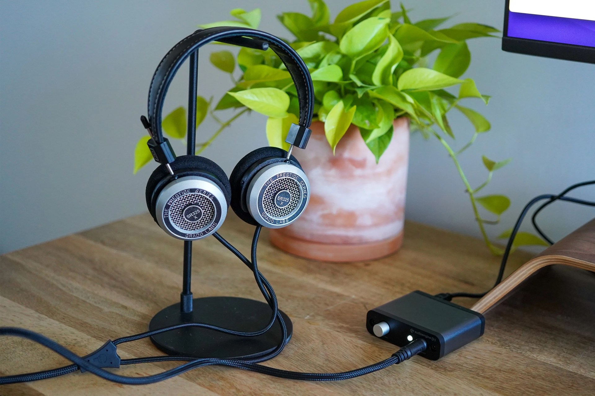 wired headphones on a desk