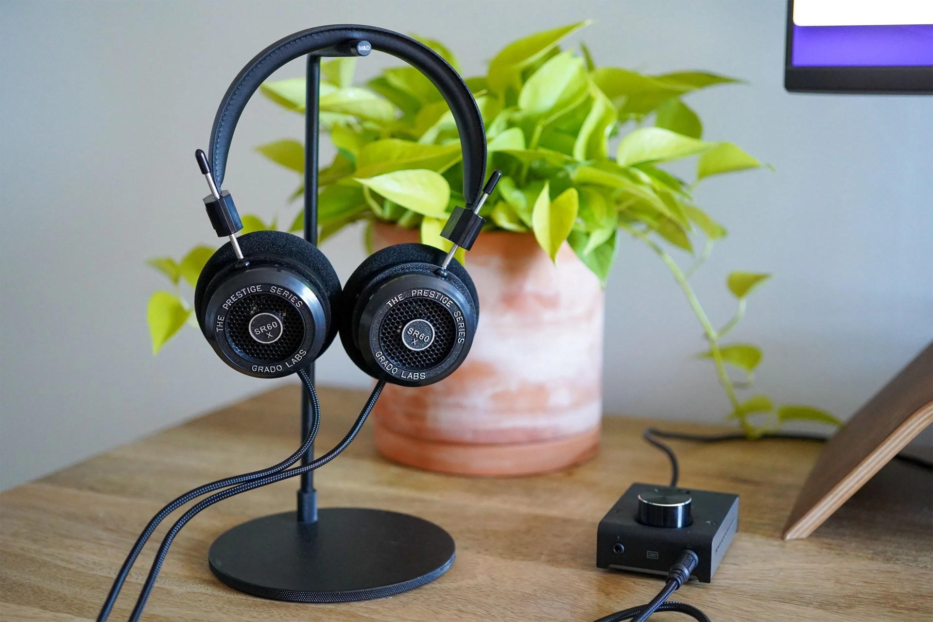 wired headphones on a desk