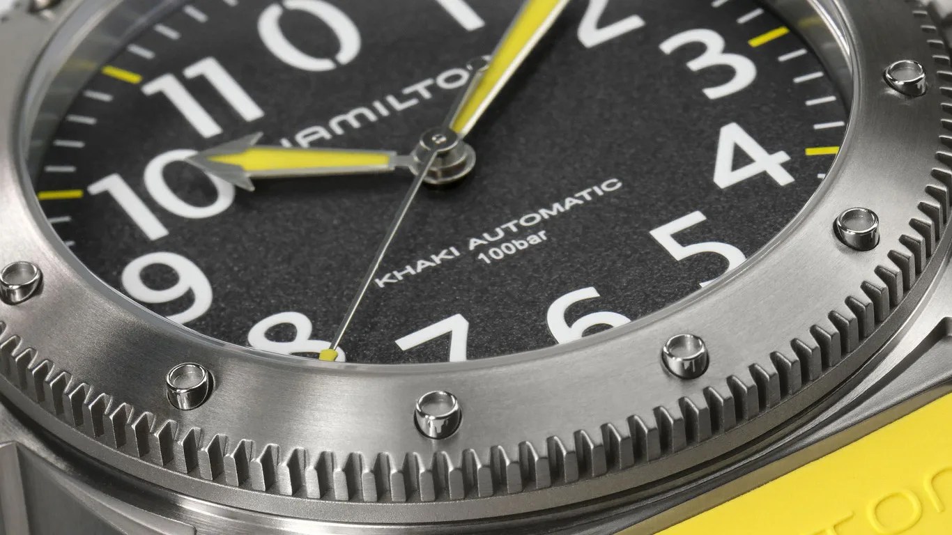 hamilton dive watch dial closeup