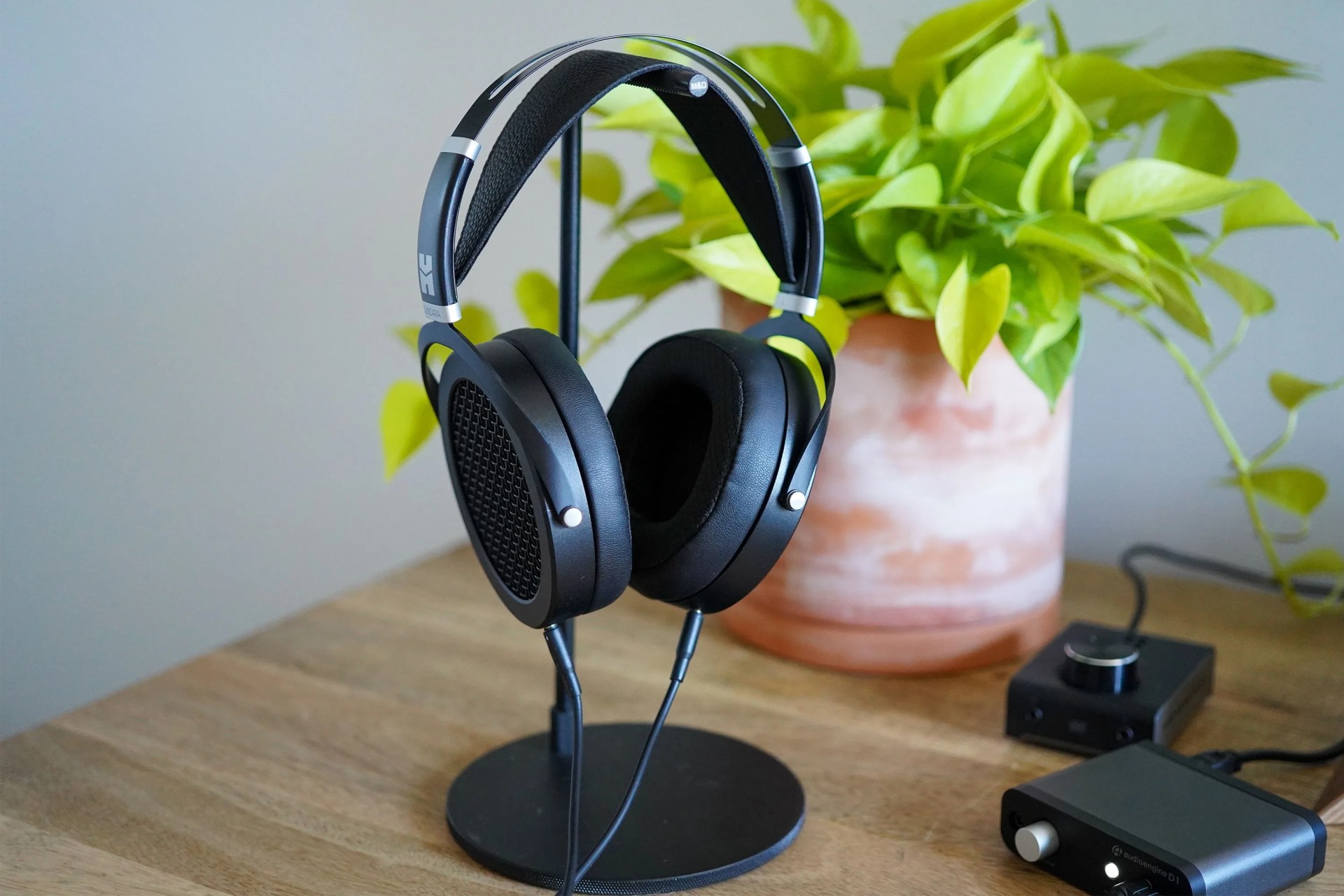 wired headphones on a desk