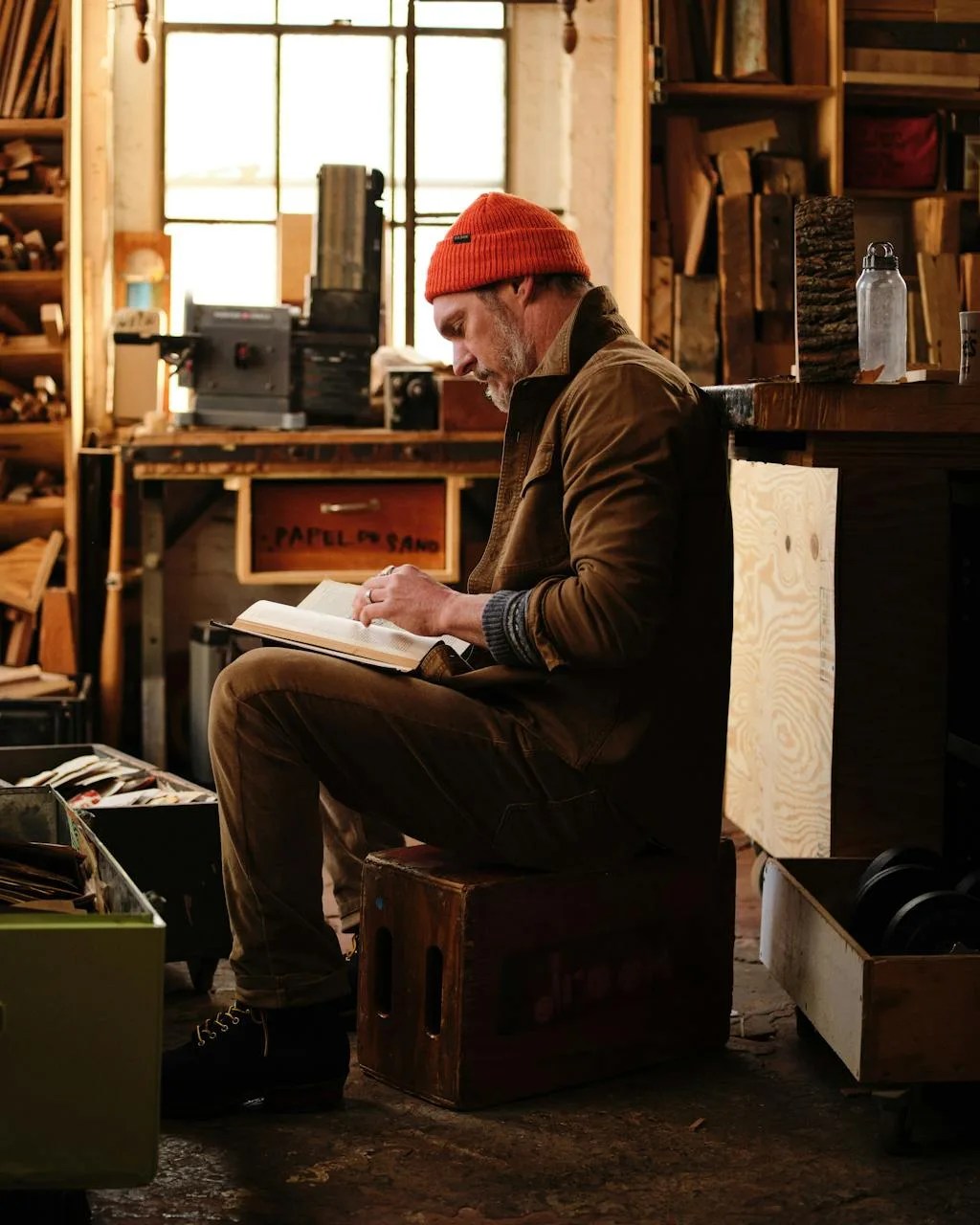 man in a workshop reading a book