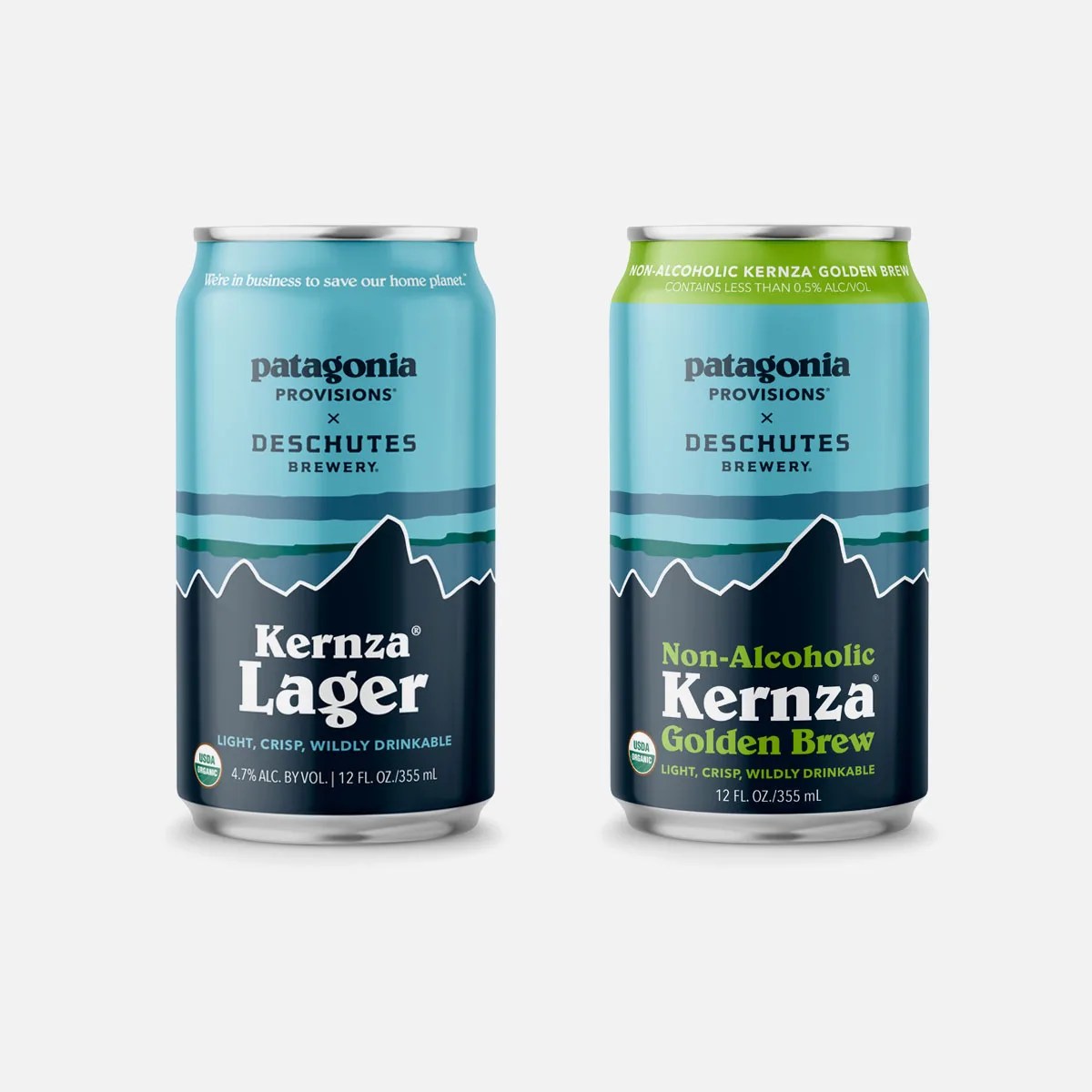 A can of Patagonia Provisions x Deschutes Brewery Lager next to a can of the golden brew non-alcoholic kernza drink on a grey background