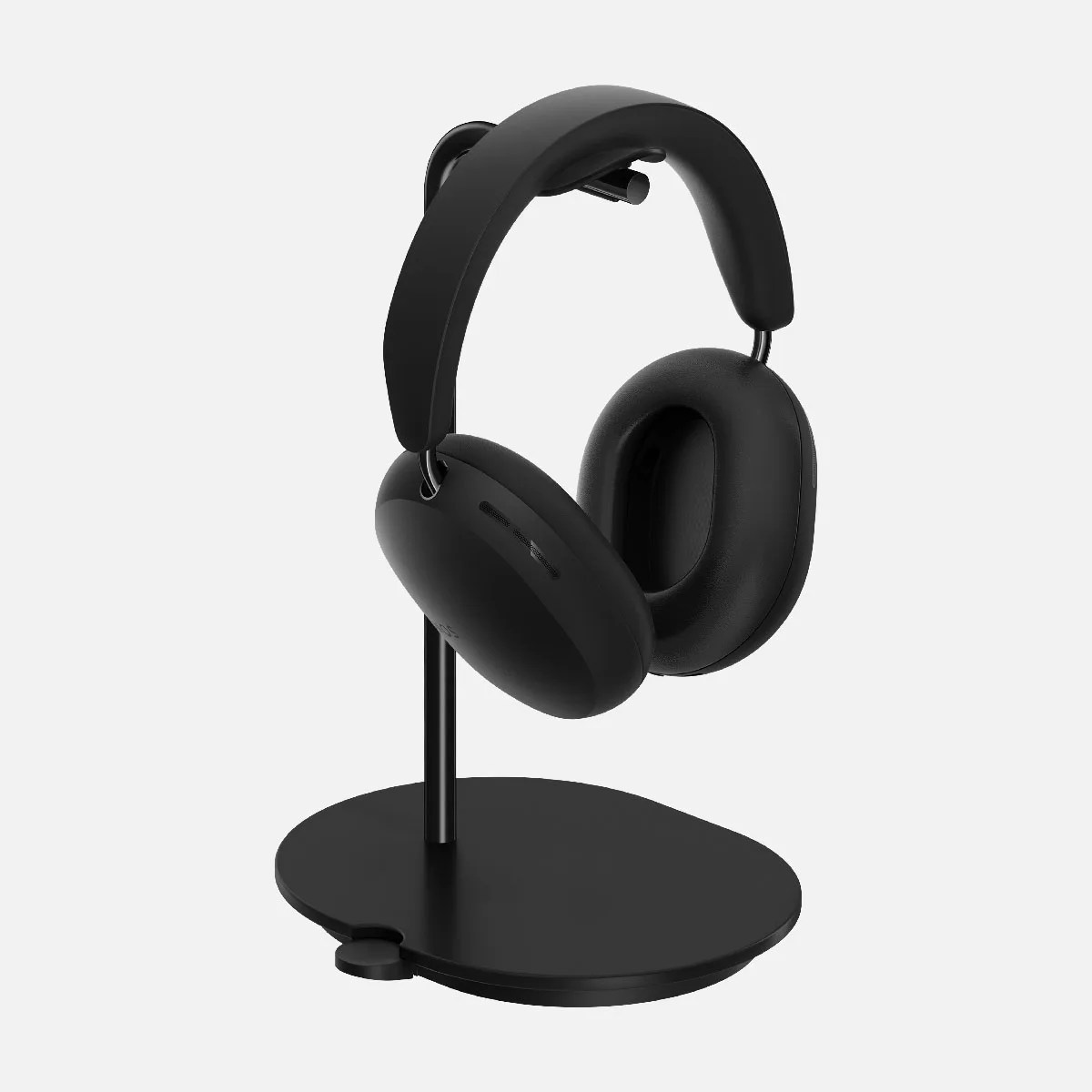 Sanus headphone stand for Sonos Ace in Black. A pair of black Sonos Ace headphones is resting on the stand. The product is on a light grey background.