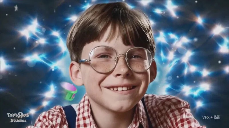 A screen grab showing a young boy with glasses taken from the Toys R Us Sora-produced Commercial Screen Grab