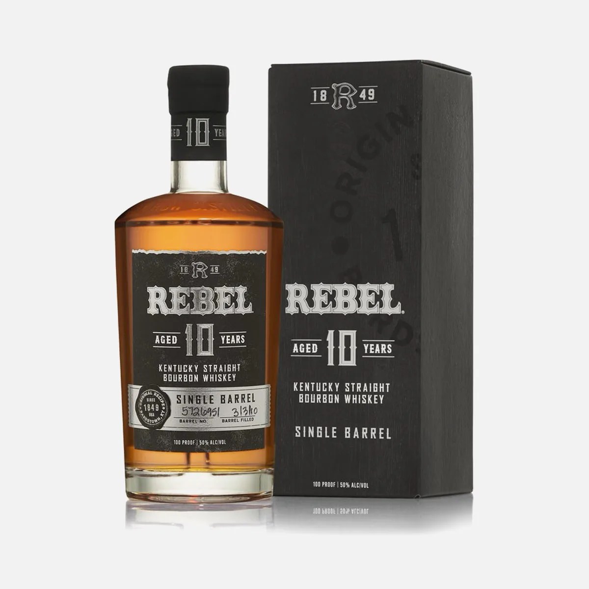 A bottle of Rebel 10 Year Single Barrel Bourbon. Immediately to the bottles right is the black box the bottle is packaged in.