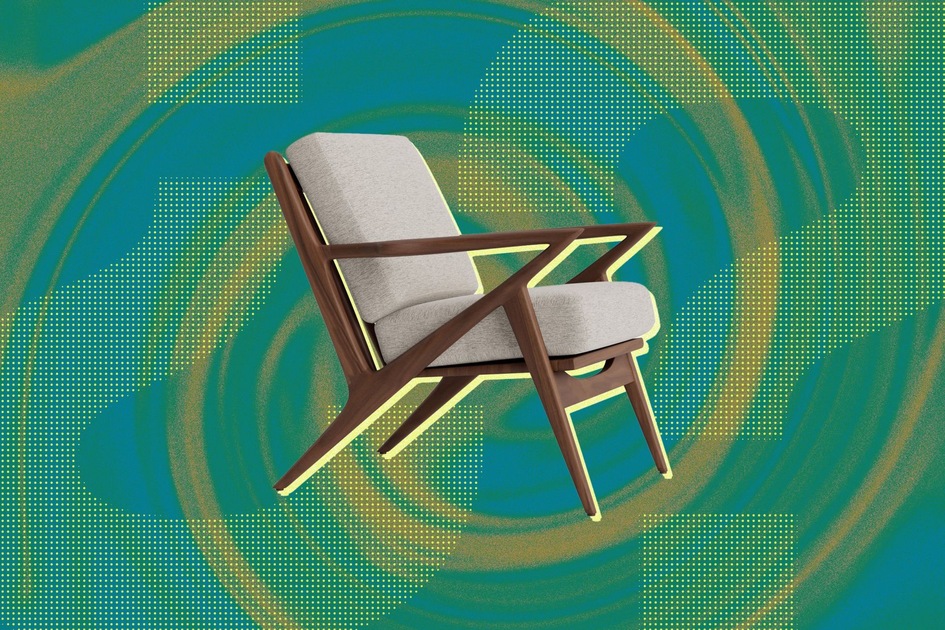 a z chair on a blue green and orange tie dye background