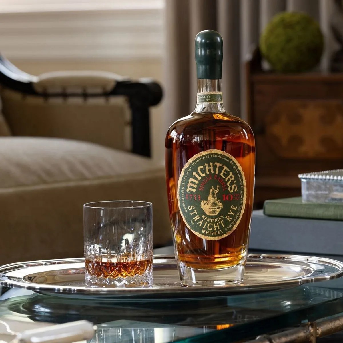 Michter's 10 Year Rye 2024 Release sitting on coffee table in living room