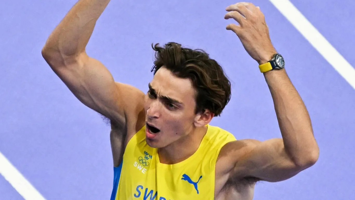 olympian mondo duplantis celebrates while wearing an omega watch