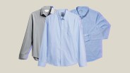 Collage of three different mens performance dress shirts in blue, light blue and grey on a taupe background.