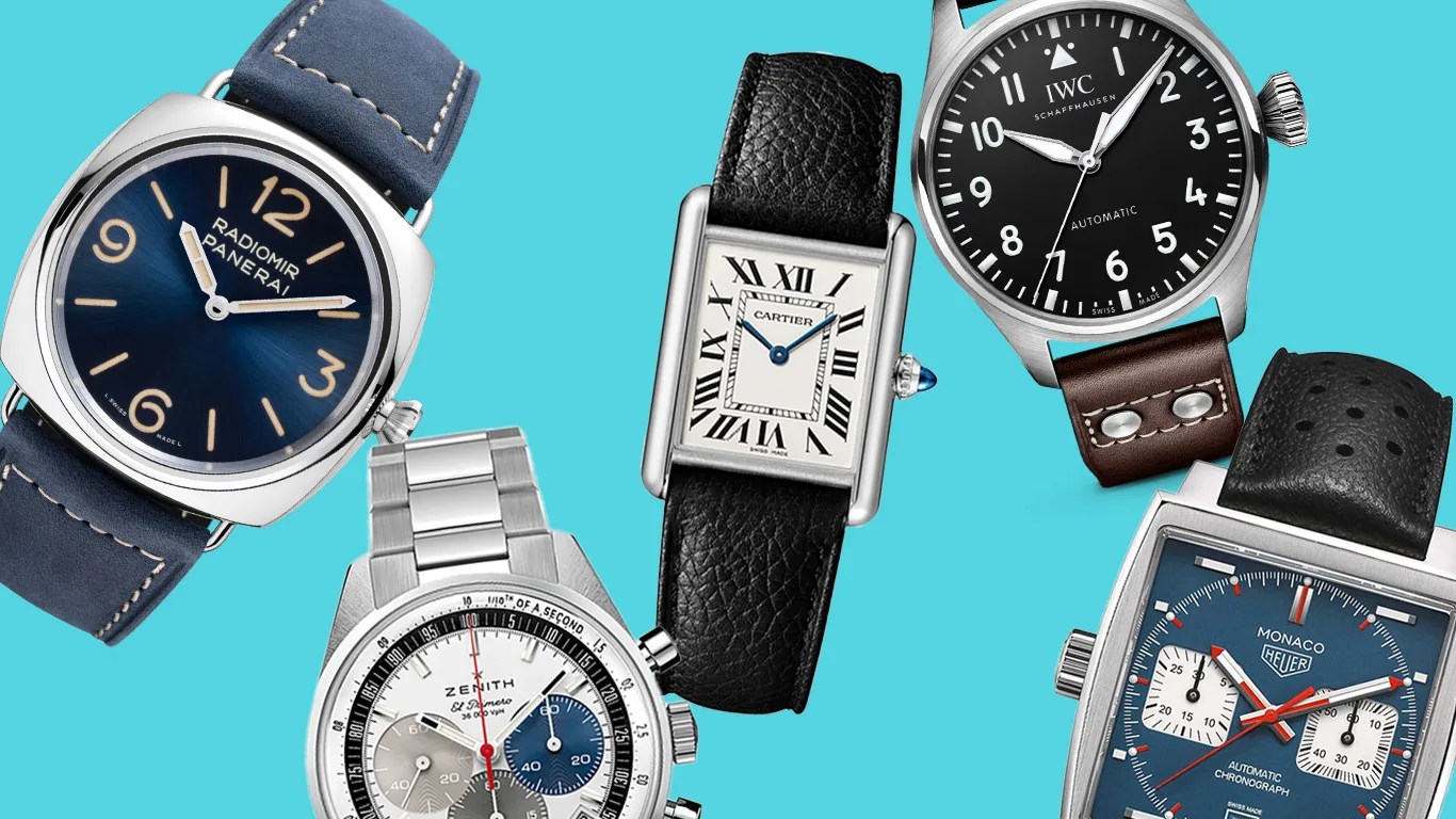 watches by panerai cartier iwc tag heuer and zenith against a blue background