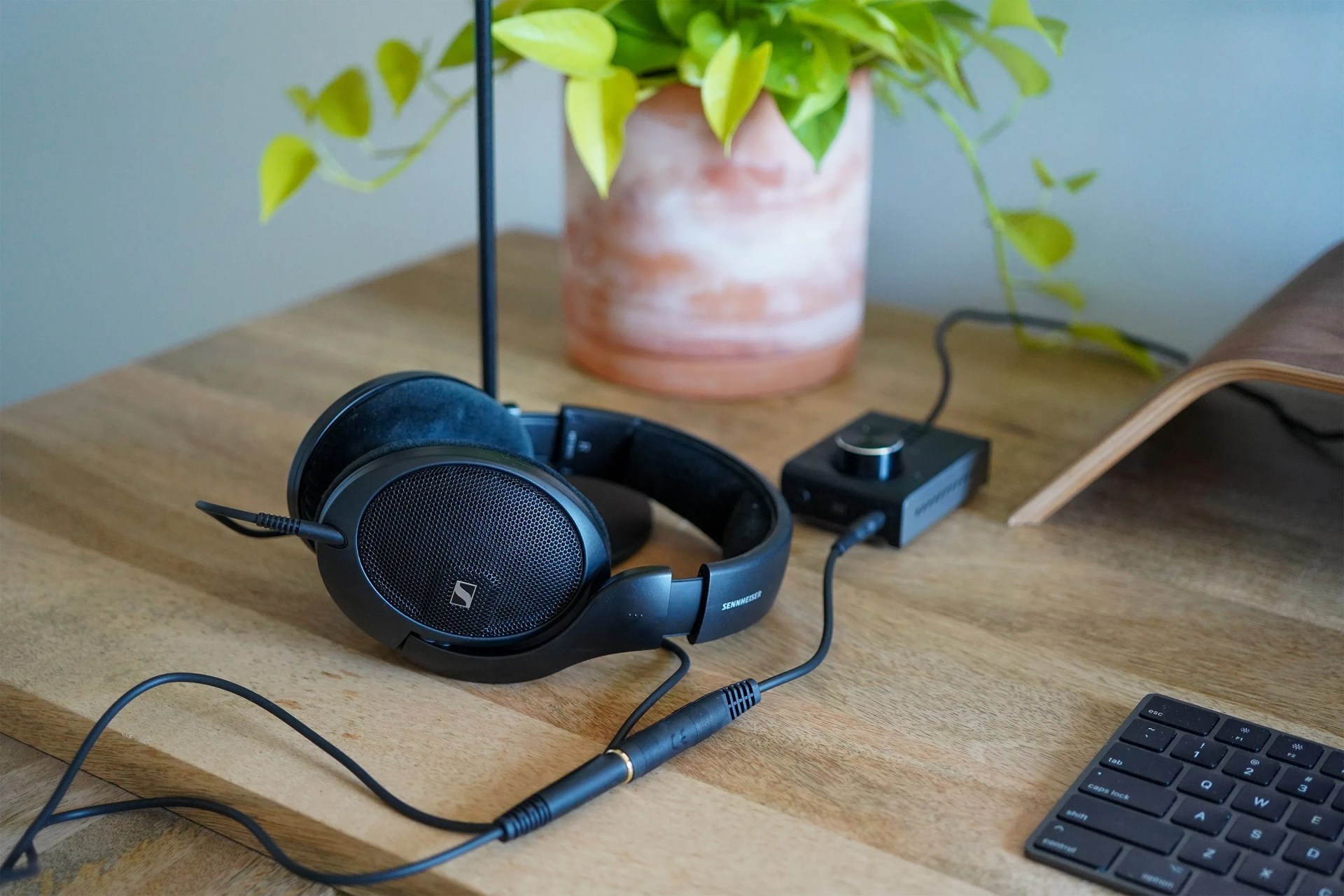 wired headphones on a desk