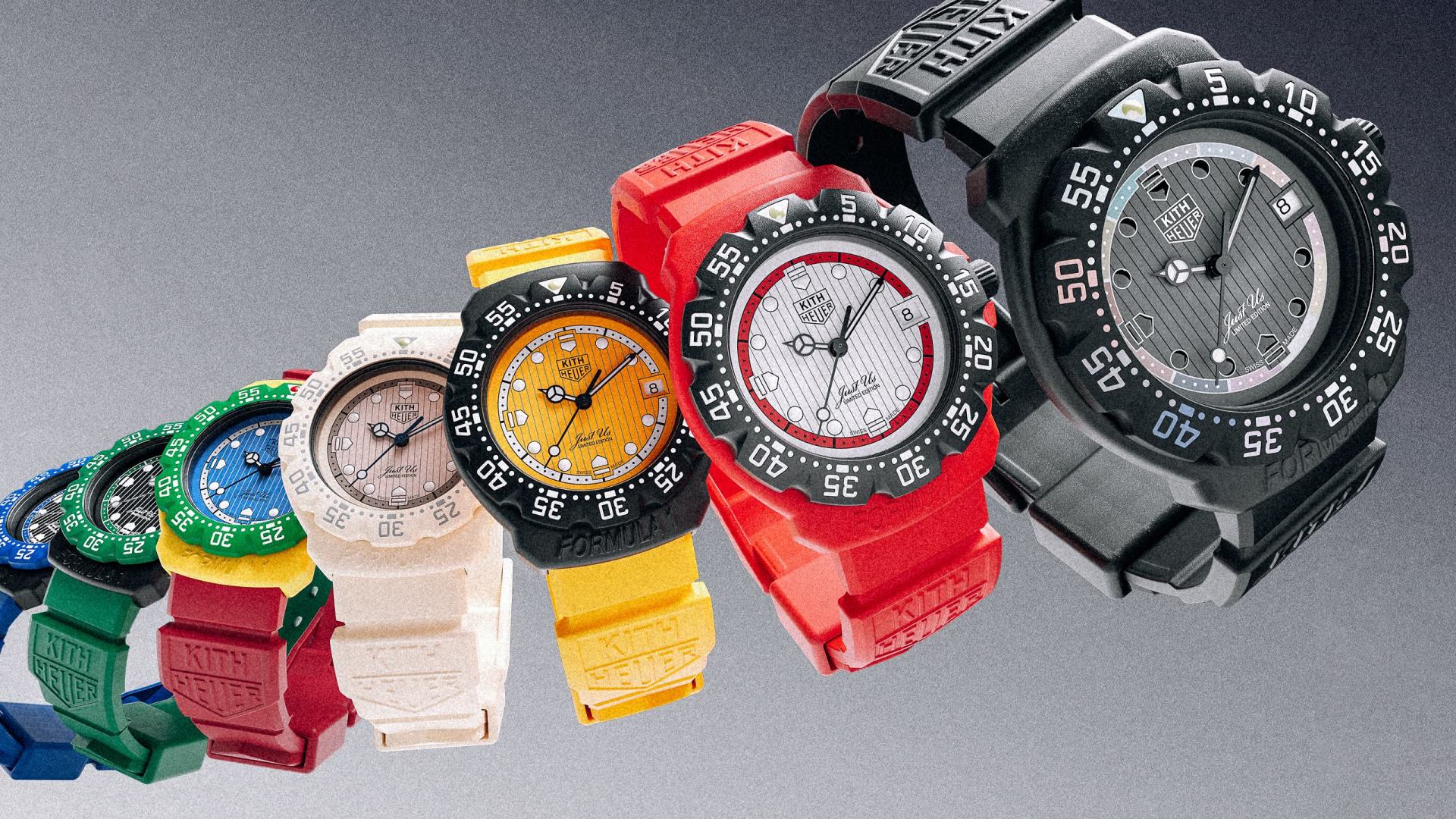 a group of colorful tag heuer watches