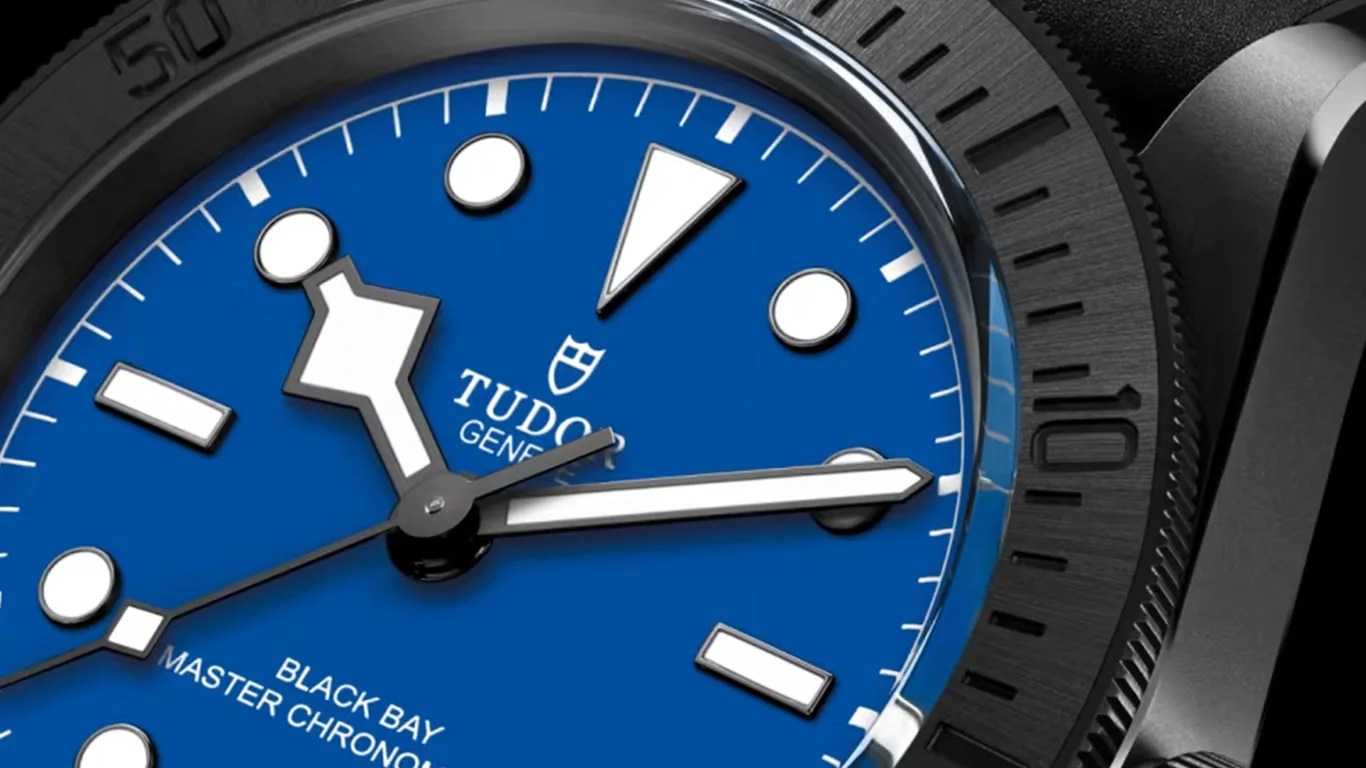 closeup of blue tudor watch dial