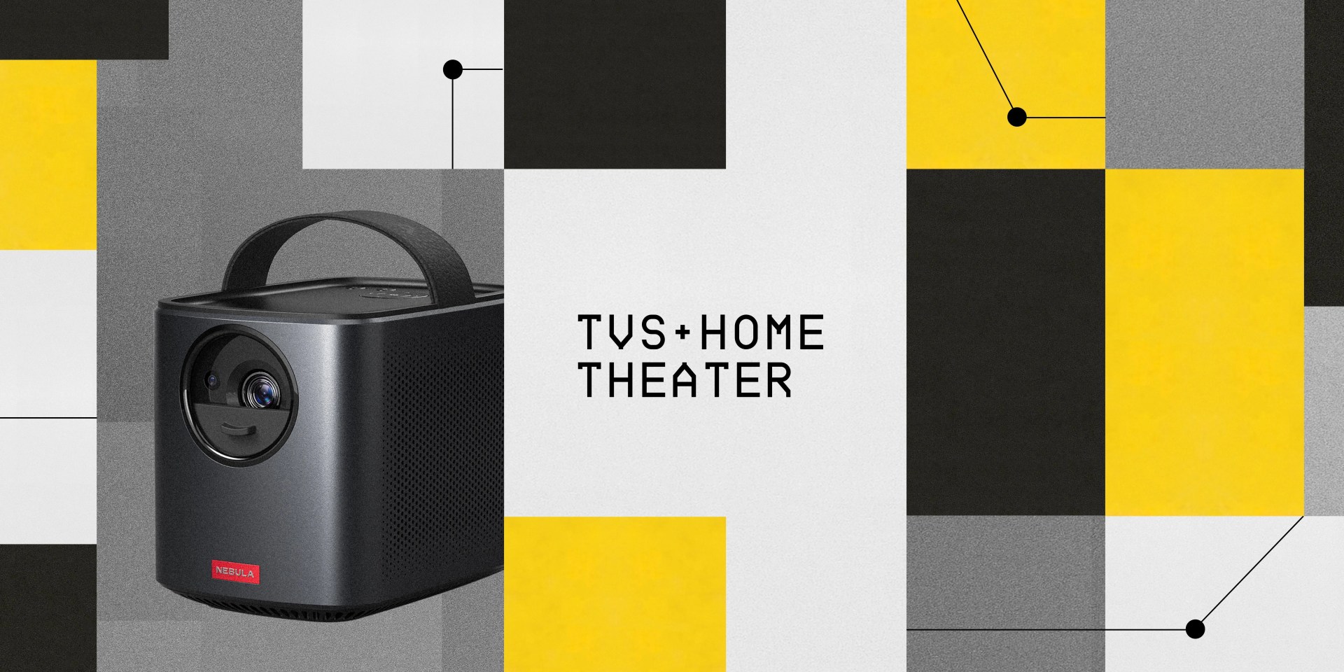 a speaker with color squares and a headline that says tvs and home theater