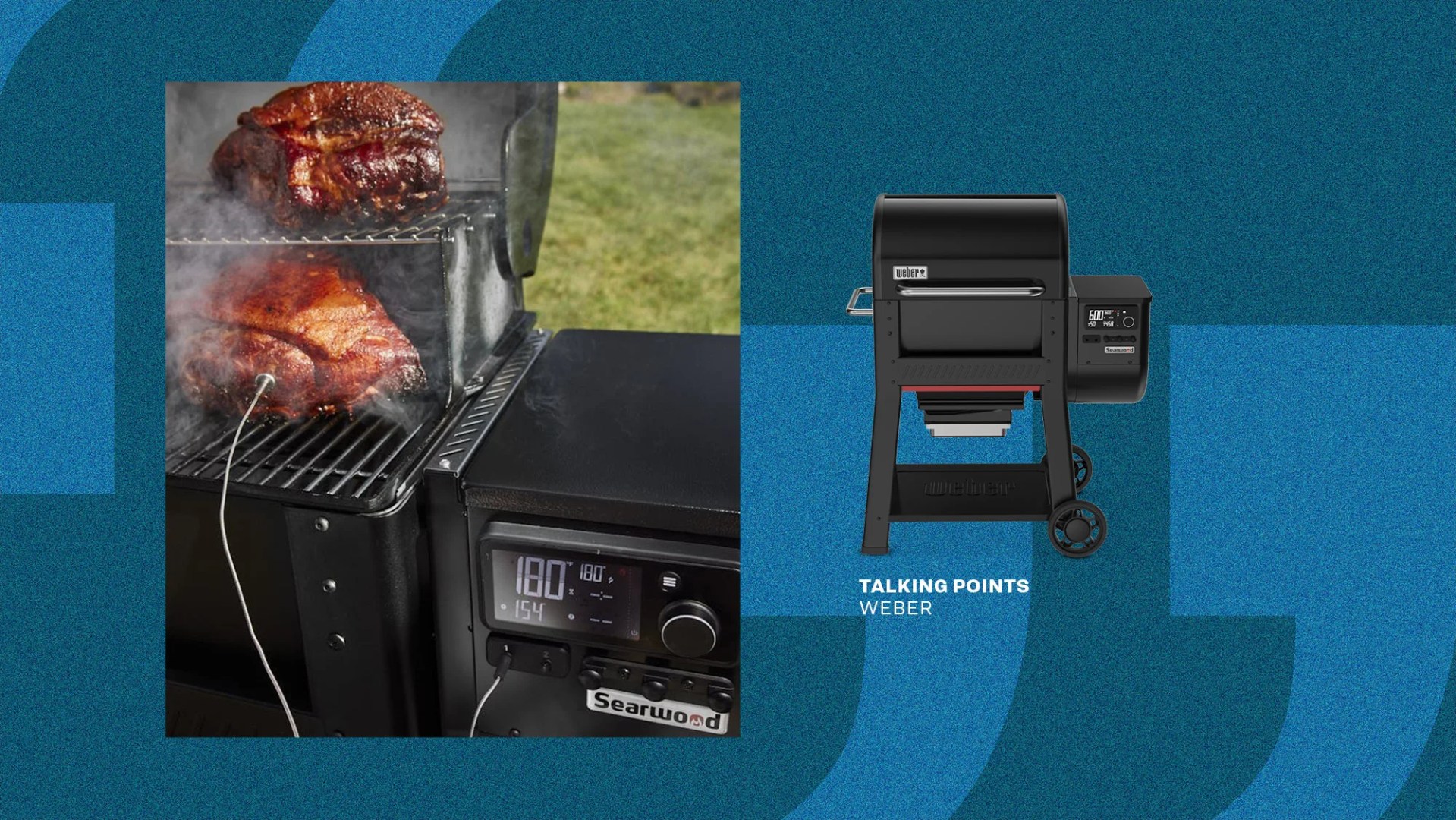 weber grill smoking meat on blue background