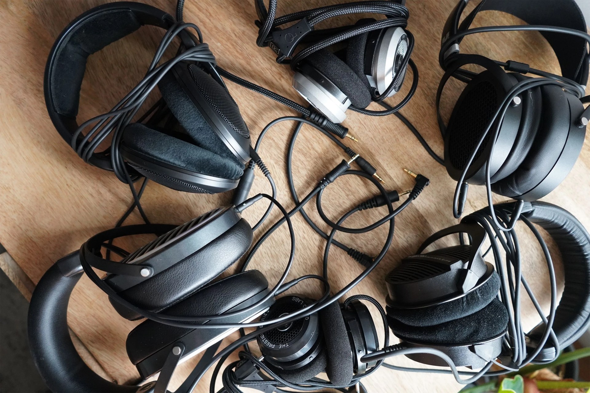 wired headphones on a desk