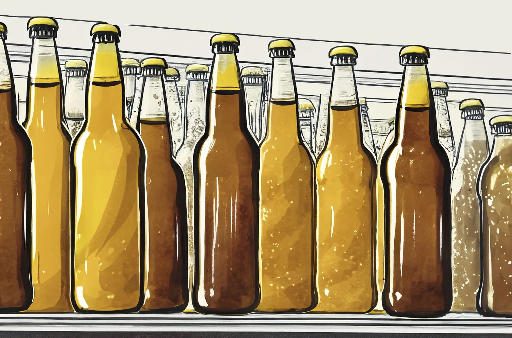 Illustration of collection of beer bottles of various sizes with no labels stacked on a shelf on a taupe background