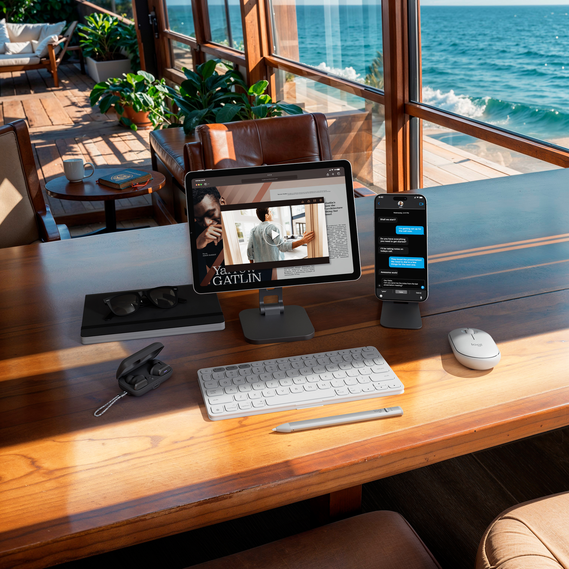 Logitech Keys-To-Go 2 shown on desk in a wood filled room overlooking the sea. The keyboard is in front of an iPad and iPhone both on a stand.